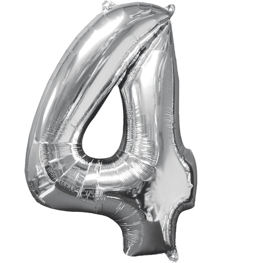 Number 4 Silver SuperShape Mid-Size XL Foil Balloons 18"/45cm w x 26"/66cm h P31 - 1 PC