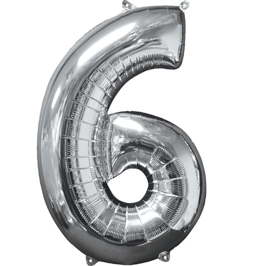 Number 6 Silver SuperShape Mid-Size XL Foil Balloons 17"/43cm w x 26"/66cm h P31 -1 PC