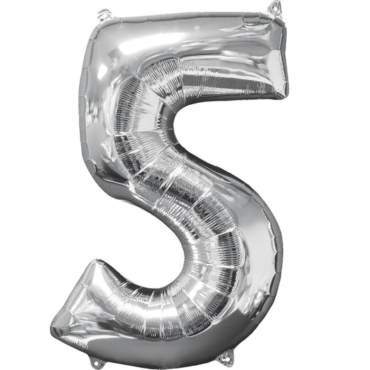 Number 5 Silver SuperShape Mid-Size XL Foil Balloons 18"/45cm w x 26"/66cm h P31 - 1 PC