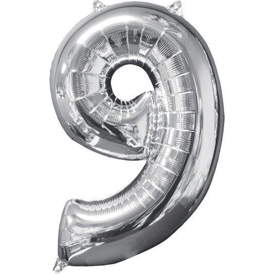 Number 9 Silver SuperShape Mid-Size XL Foil Balloons 17"/43cm w x 26"/66cm h P31 - 1 PC