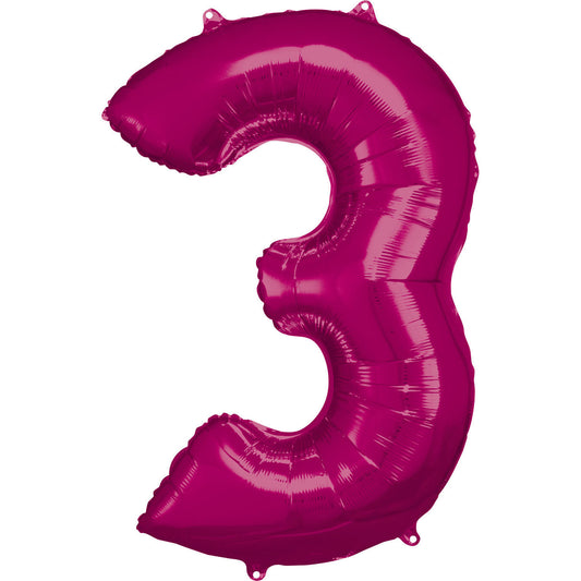 Number 3 Pink SuperShape Foil Balloons 22"/58 cm w x 34"/88cm h  1 PC