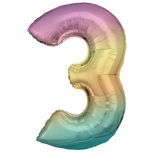 Number 3 Pastel Rainbow Super Shape Foil Balloons 20"/53 cm w x 34"/88cm 1 PC